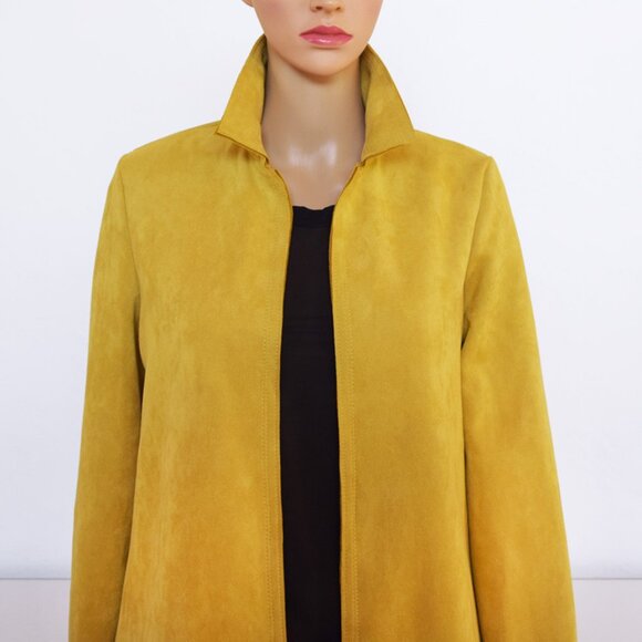 Philosophy Faux Suede Leather Mustard Open Front Coat with Pockets - Picture 4 of 14